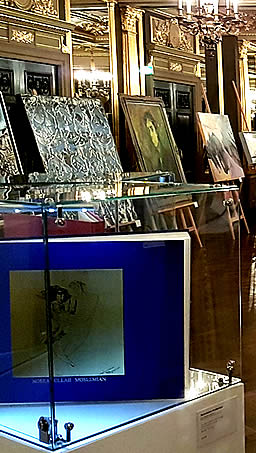 Iranian contemporary art paintings exhibition Fast track exhibition layout & lighting design solution to provide maximum spread of light to 29 Iranian contemporary paintings, one bronze sculpture & 6 artist books in the beautiful Pompadour ball room at the Cafe Royal hotel in London's Piccadilly.